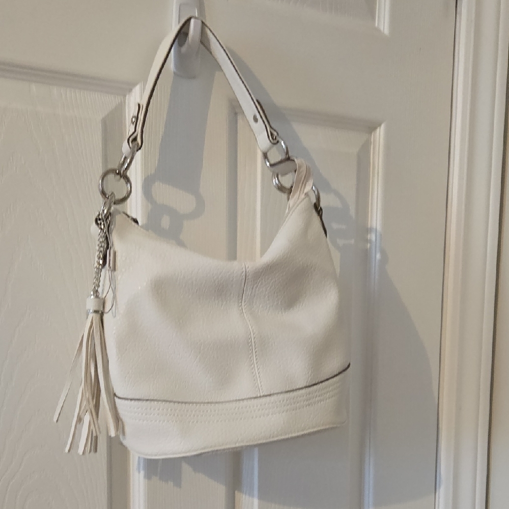 White Faux Leather Hobo Bag with Tassel and Silver Hardware